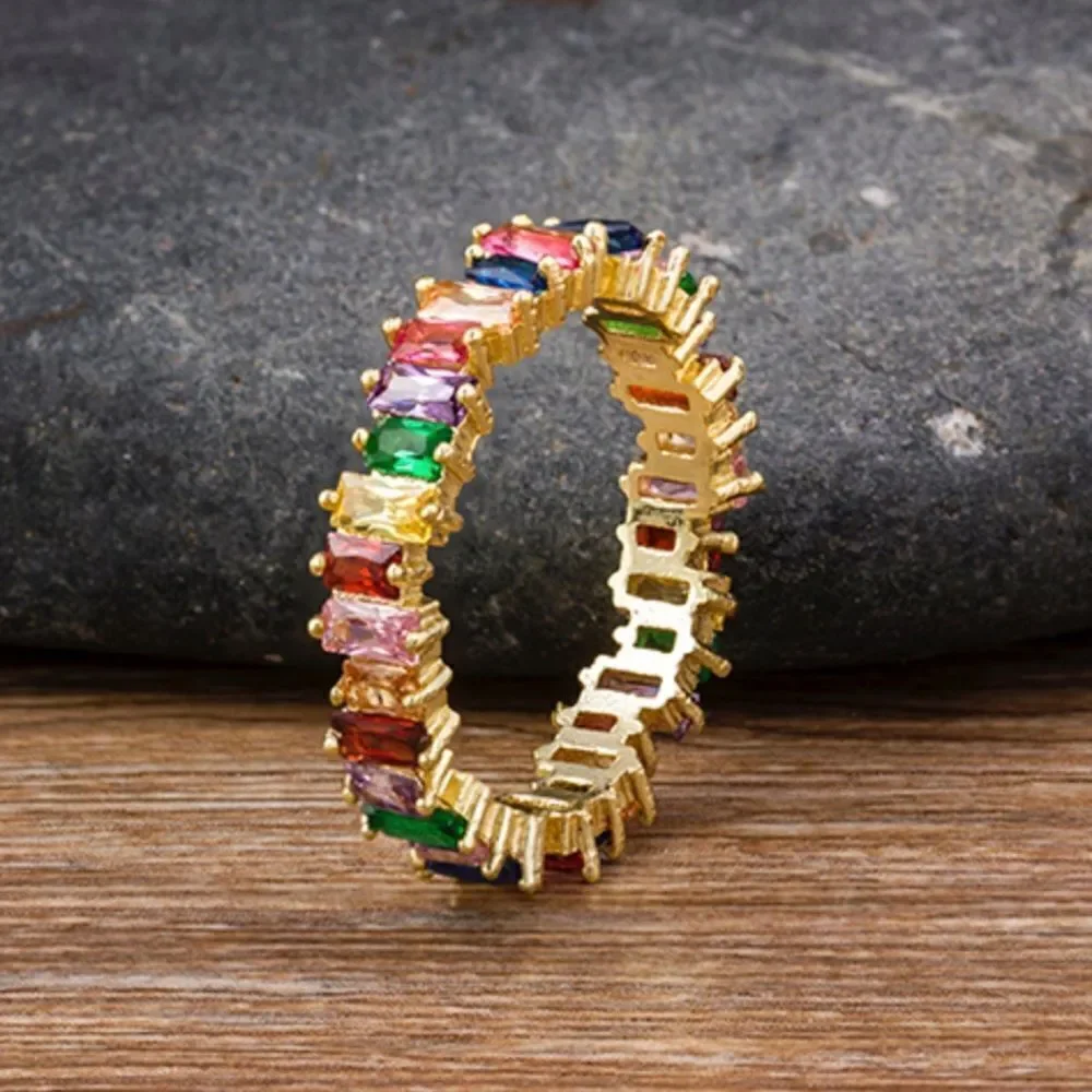 Rainbow Crystal Crooked Baguette Eternity Band Ring NWT